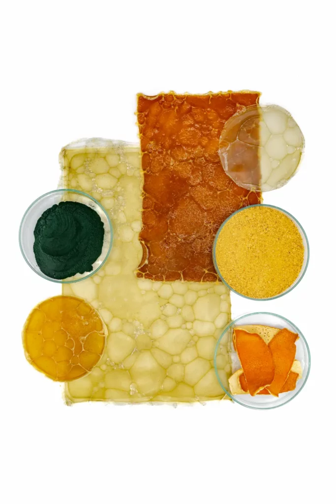 Paleta cromática y textural de tintes y cargas naturales sobre superficies biobasadas